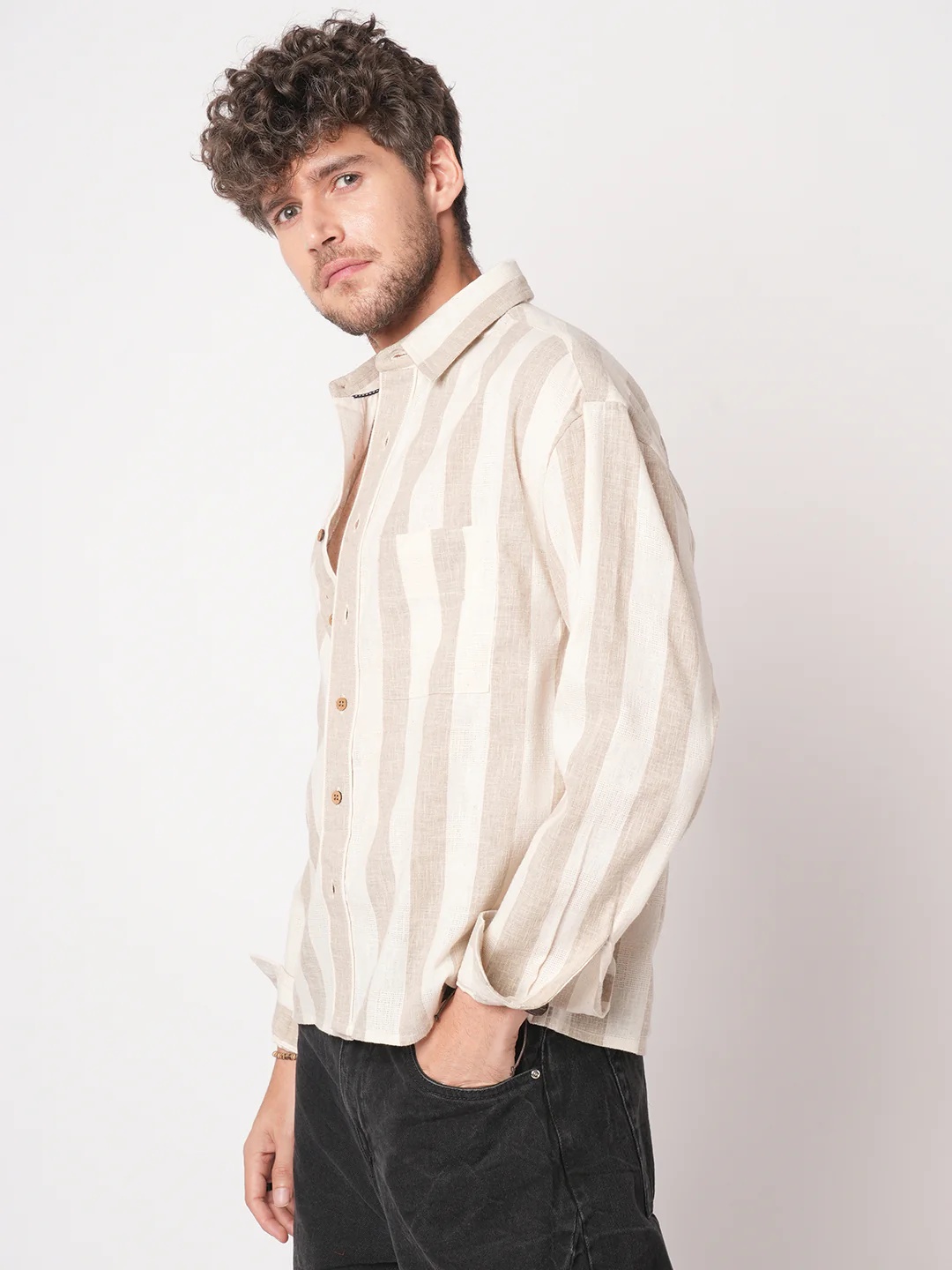 Classic Khadi Vibe Driftwood Stripe Boxy Fit Cropped Shirt - Image 6