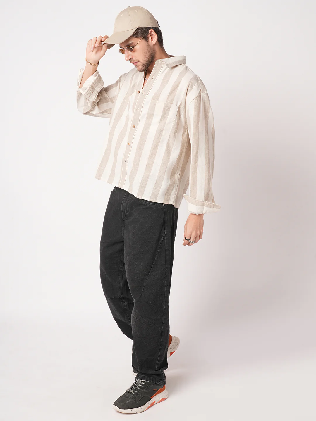 Classic Khadi Vibe Driftwood Stripe Boxy Fit Cropped Shirt - Image 8