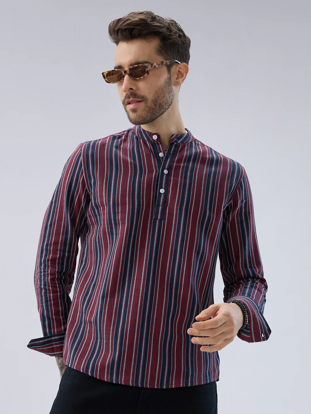 Classic Maroon & Navy Stripes Kurta - Image 2
