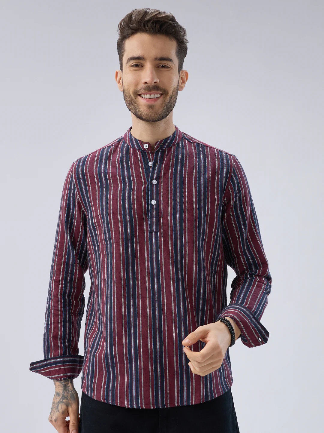 Classic Maroon & Navy Stripes Kurta - Image 4