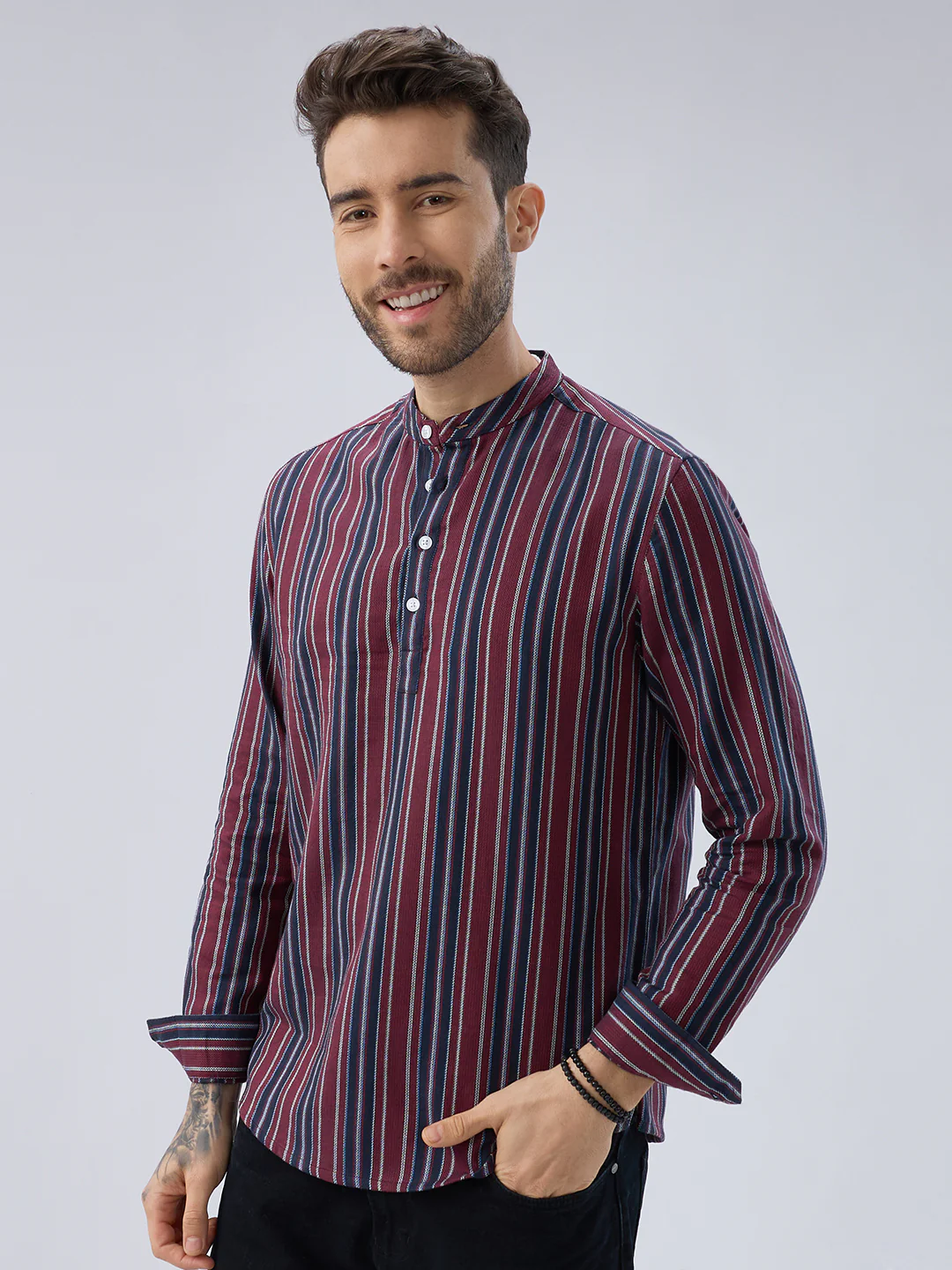 Classic Maroon & Navy Stripes Kurta - Image 5