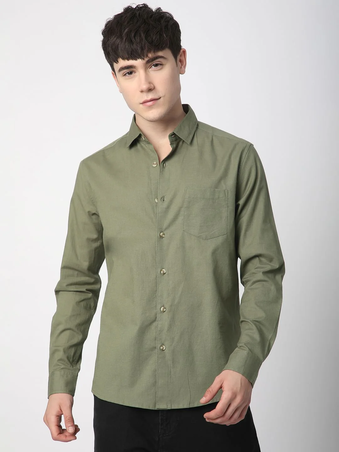 Classic Minimalist Olive Textured Shirt - Image 4