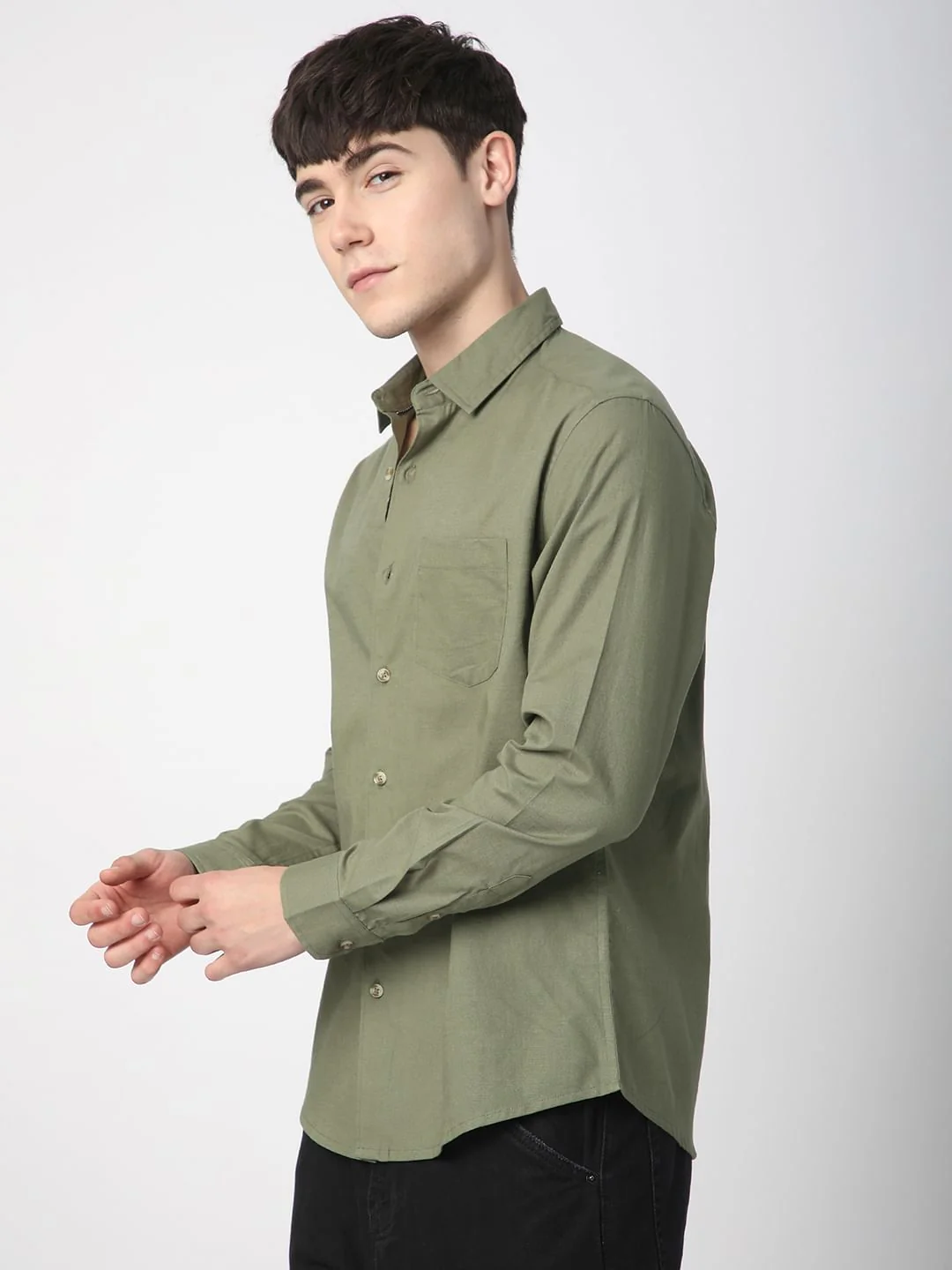 Classic Minimalist Olive Textured Shirt - Image 6