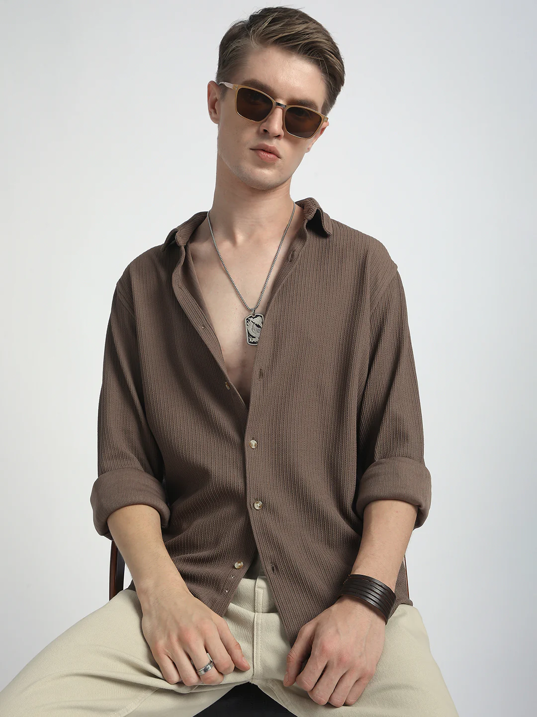 Classic Mocha Brown Textured Shirt - Image 2