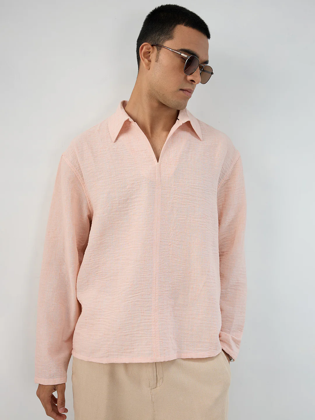 Classic Peach Center Seam Crinkled Oversized Polo Shirt - Image 2