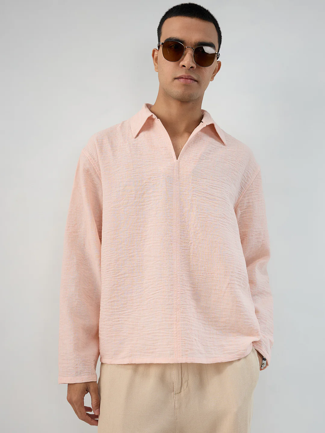 Classic Peach Center Seam Crinkled Oversized Polo Shirt - Image 4