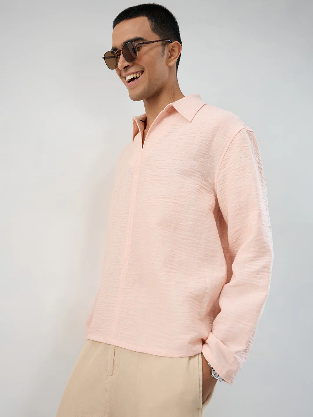 Classic Peach Center Seam Crinkled Oversized Polo Shirt - Image 5