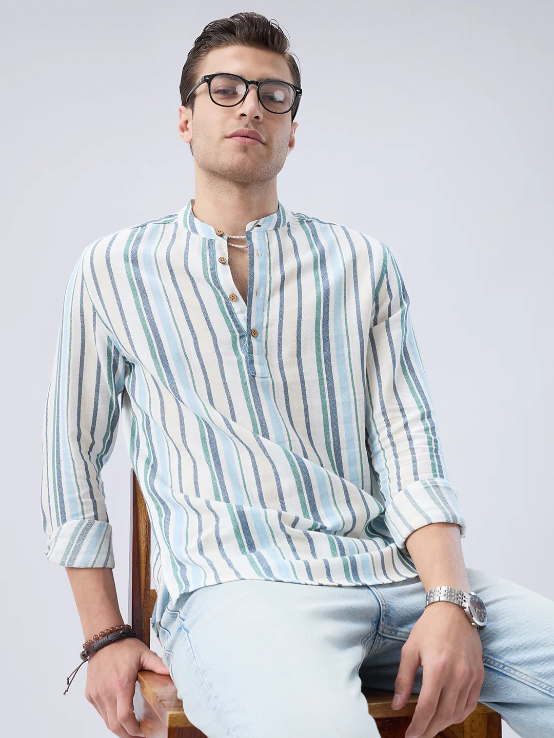 Classic Riviera Aqua Striped Kurta - Image 2
