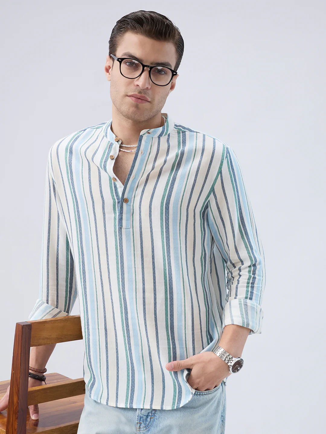 Classic Riviera Aqua Striped Kurta - Image 4