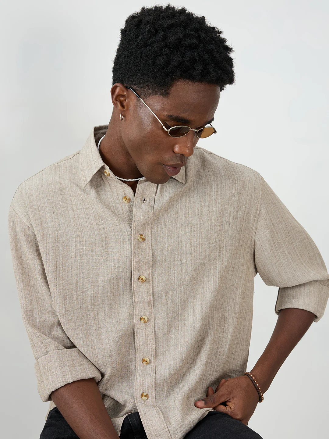 Classic Taupe Grey Textured Boxy Fit Crop Shirt - Image 2