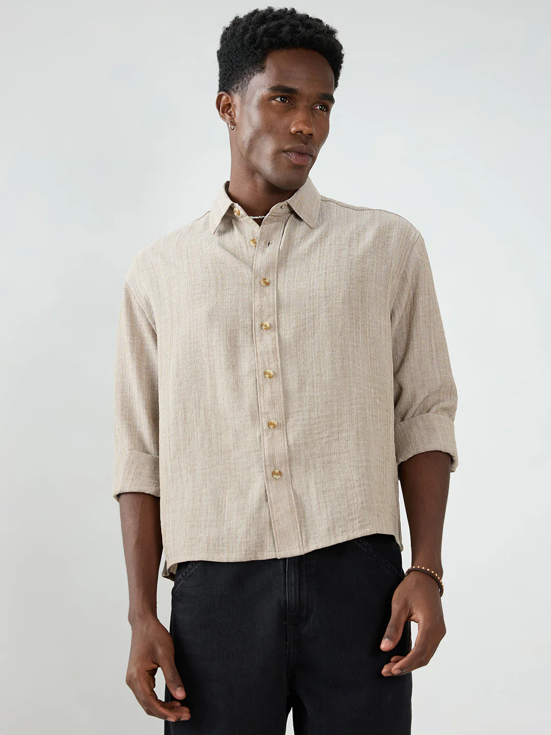 Classic Taupe Grey Textured Boxy Fit Crop Shirt - Image 5