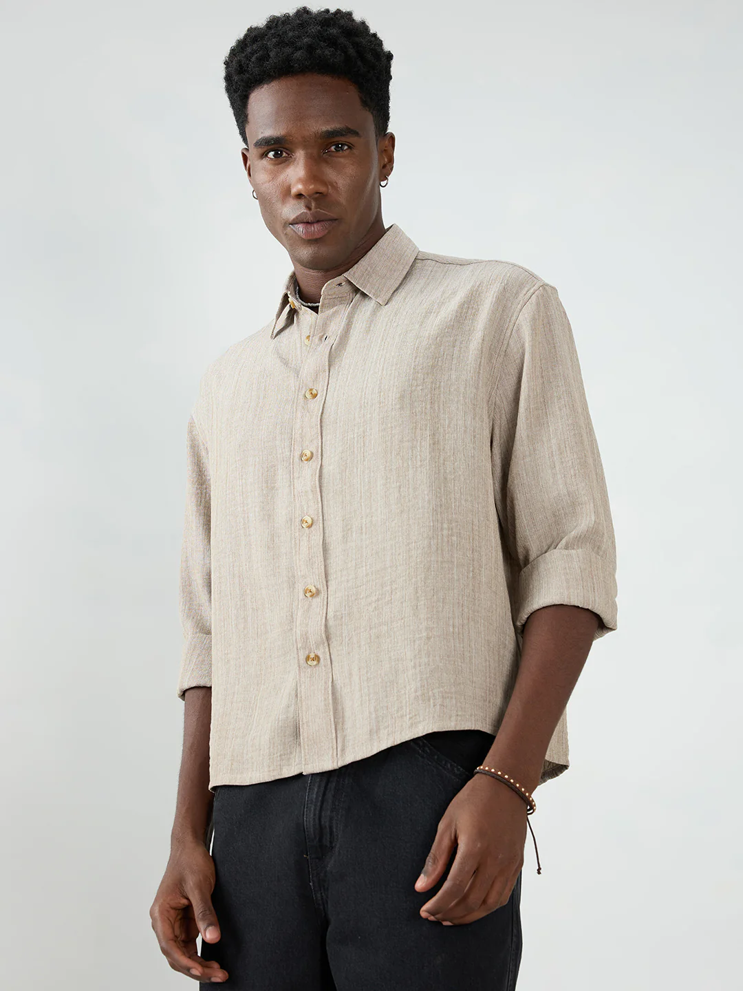 Classic Taupe Grey Textured Boxy Fit Crop Shirt - Image 6