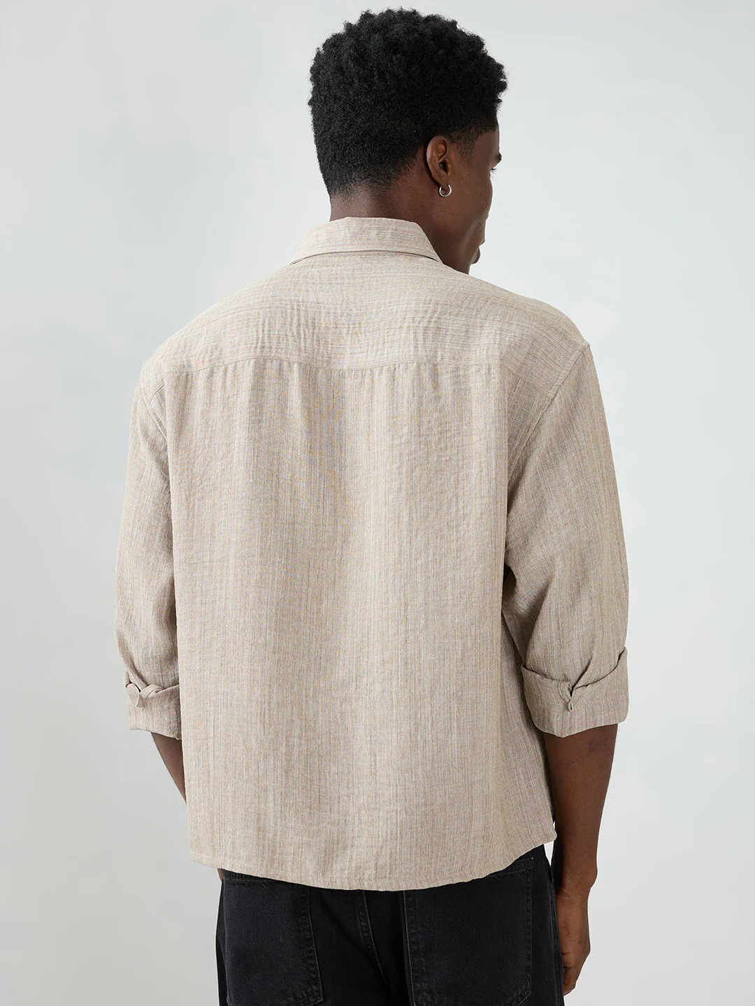 Classic Taupe Grey Textured Boxy Fit Crop Shirt - Image 7