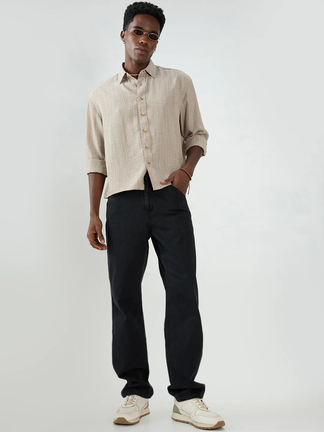 Classic Taupe Grey Textured Boxy Fit Crop Shirt - Image 8