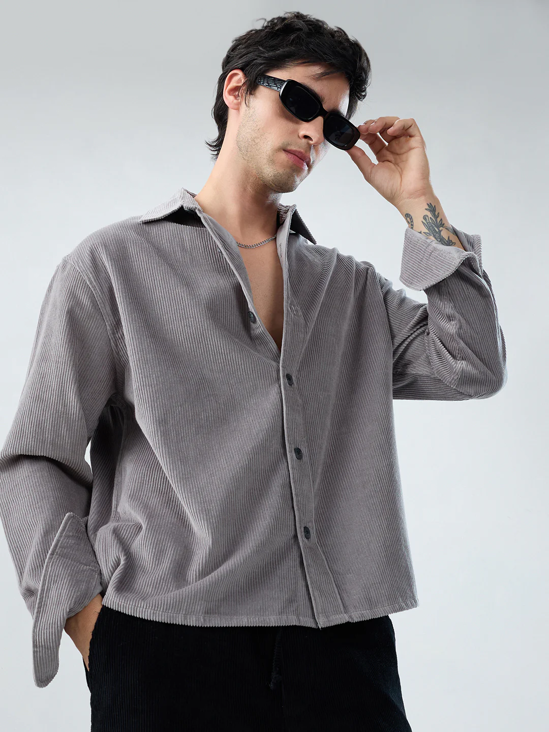 Cloud Grey Corduroy Boxy Fit Crop Shirt - Image 2
