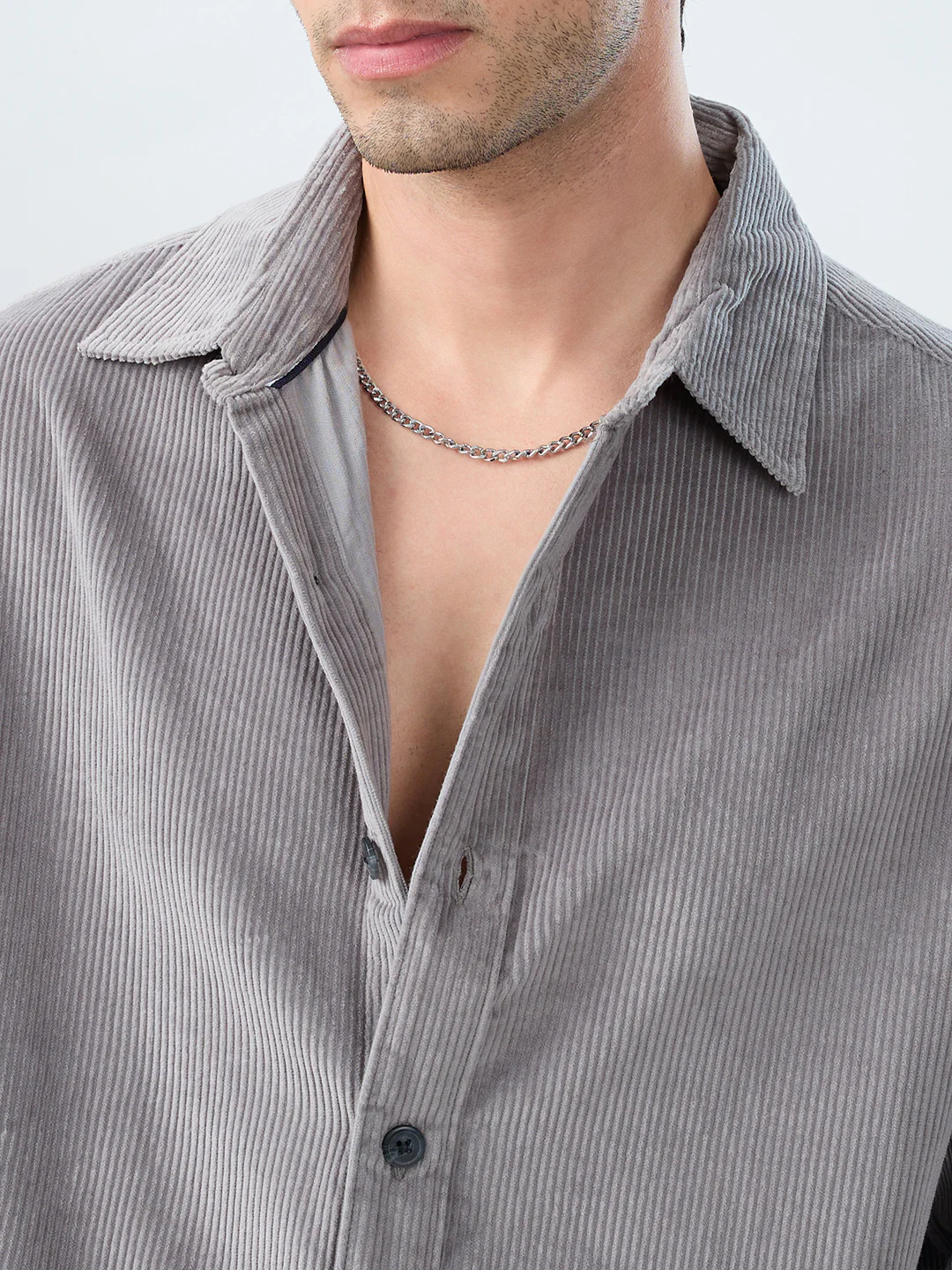 Cloud Grey Corduroy Boxy Fit Crop Shirt - Image 3
