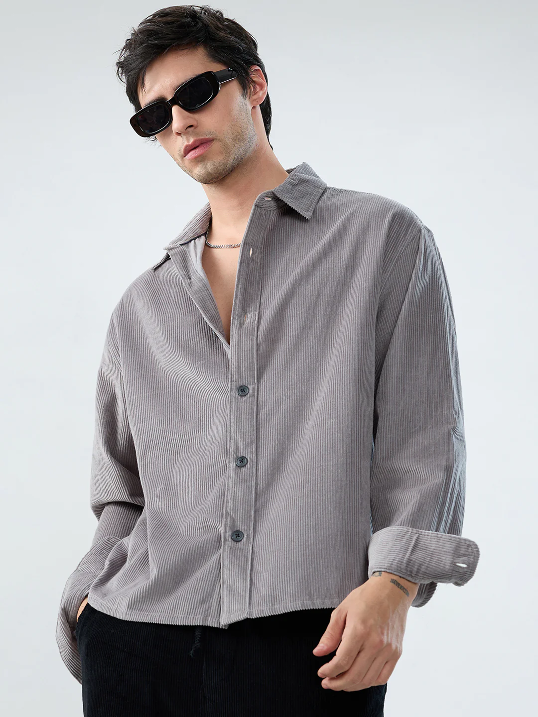 Cloud Grey Corduroy Boxy Fit Crop Shirt - Image 4