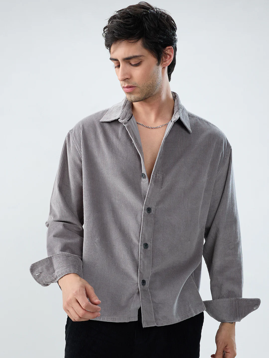 Cloud Grey Corduroy Boxy Fit Crop Shirt - Image 5