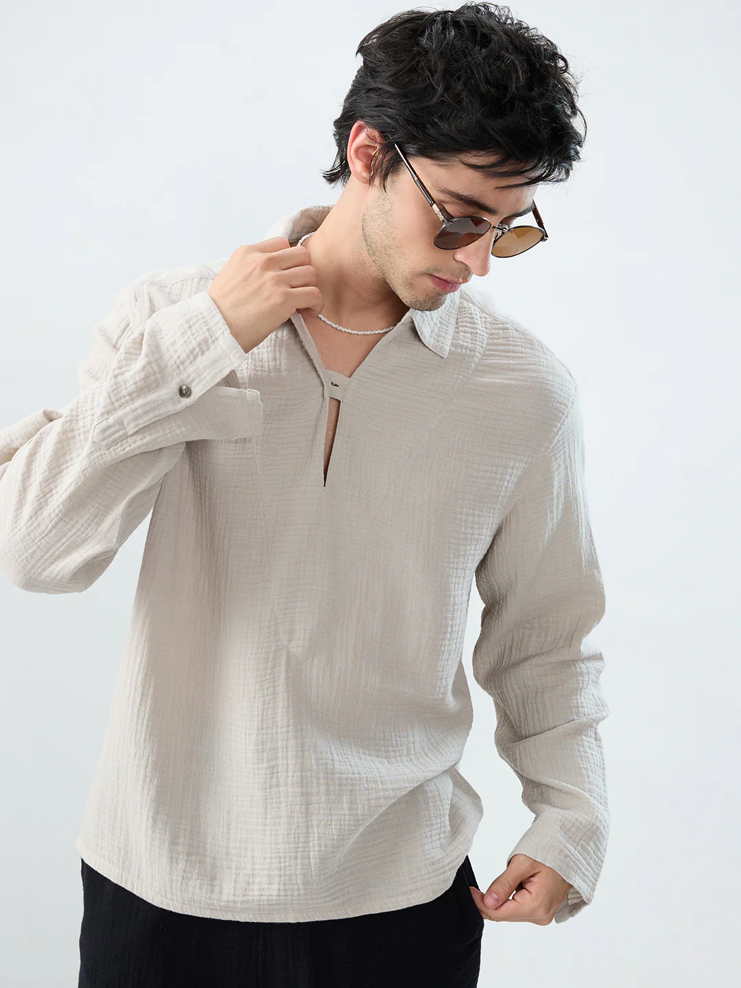 Cloud Grey Cuffless Double Cloth Oversized Shirt - Image 2