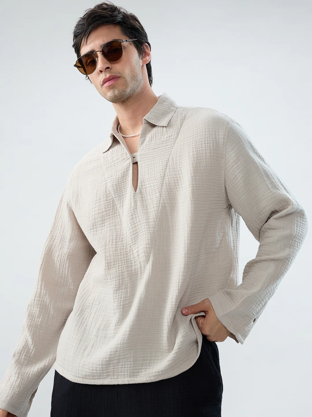 Cloud Grey Cuffless Double Cloth Oversized Shirt - Image 4