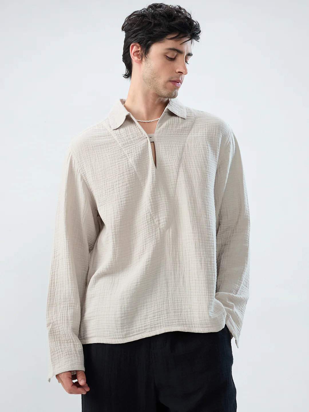 Cloud Grey Cuffless Double Cloth Oversized Shirt - Image 5