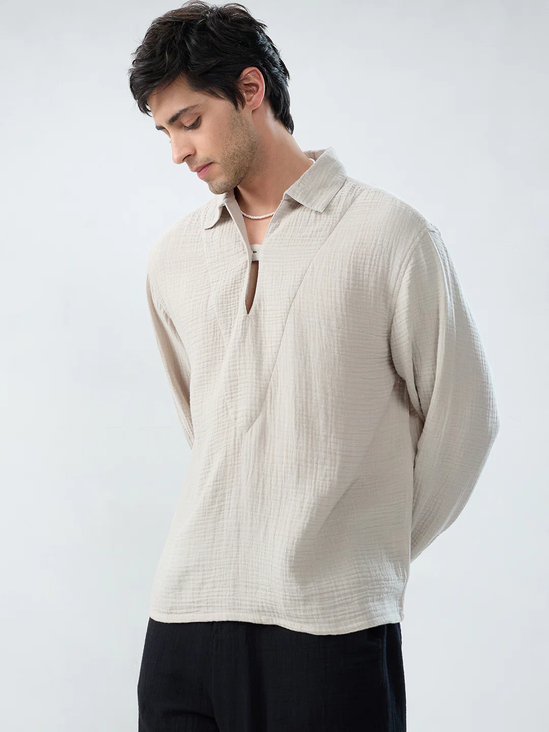 Cloud Grey Cuffless Double Cloth Oversized Shirt - Image 6