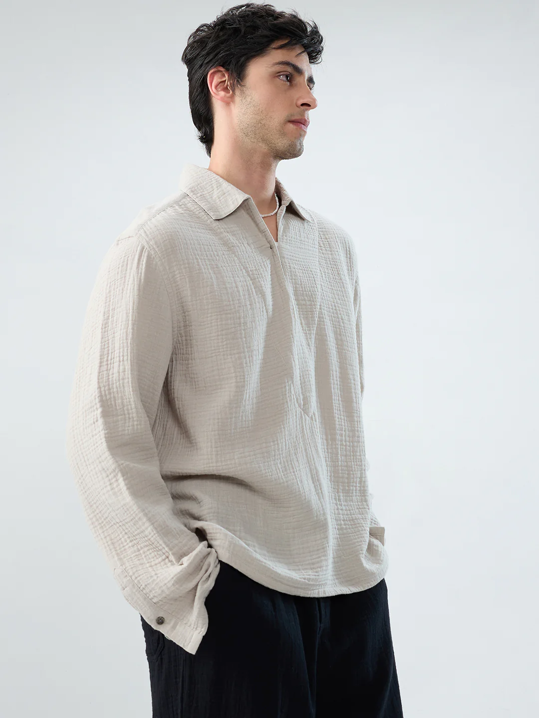 Cloud Grey Cuffless Double Cloth Oversized Shirt - Image 7