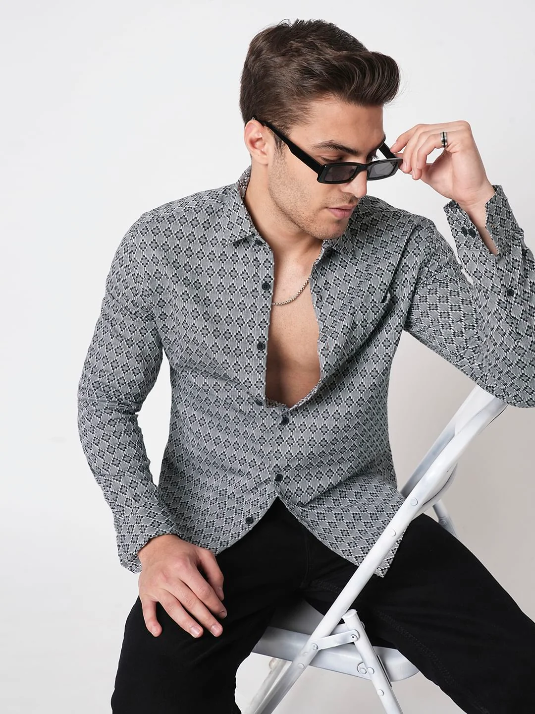 Cloud Grey Diamond Jacquard Weaved Shirt - Image 2