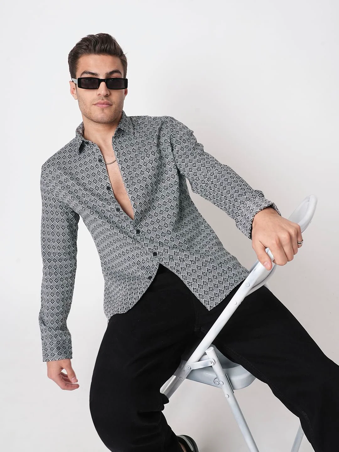 Cloud Grey Diamond Jacquard Weaved Shirt - Image 4