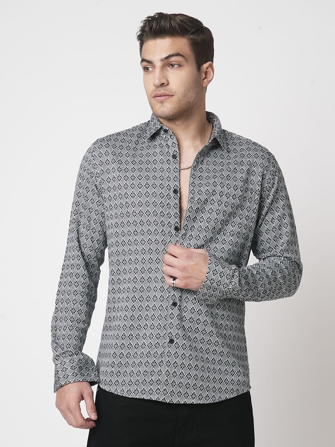 Cloud Grey Diamond Jacquard Weaved Shirt - Image 5