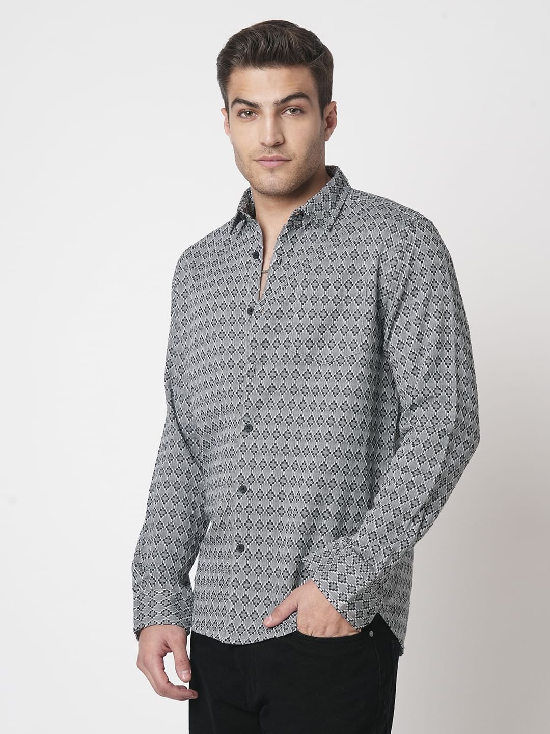 Cloud Grey Diamond Jacquard Weaved Shirt - Image 6