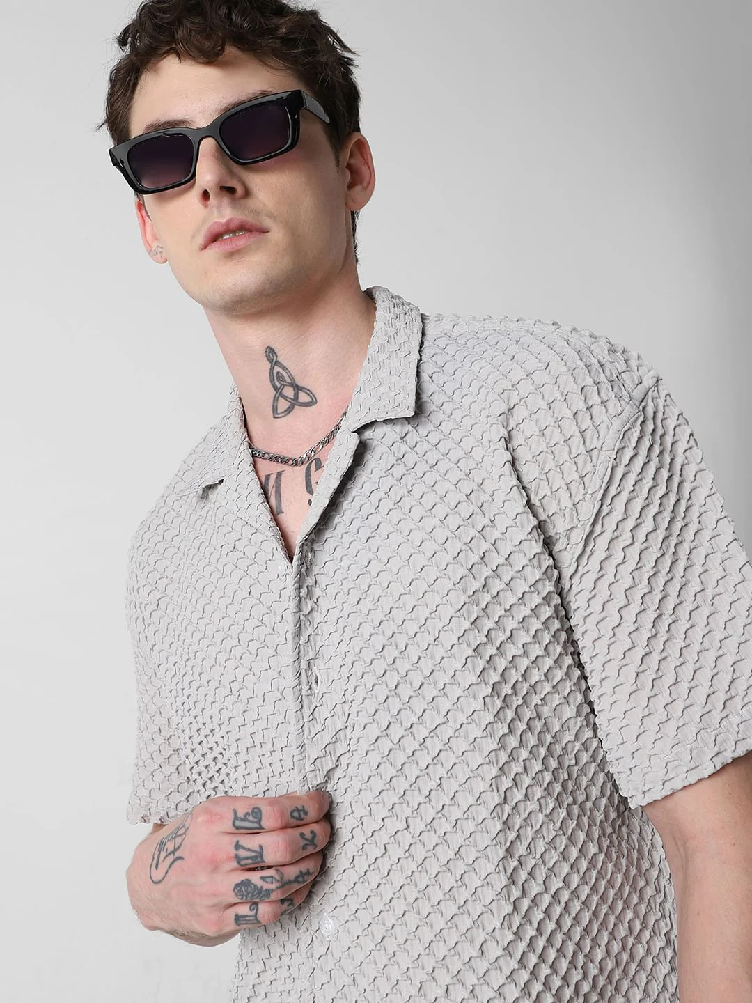Cloud Grey Embossed Patterned Oversized Shirt - Image 2