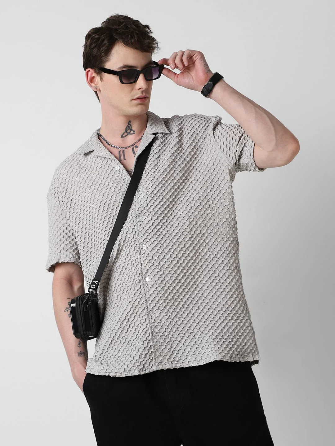 Cloud Grey Embossed Patterned Oversized Shirt - Image 3