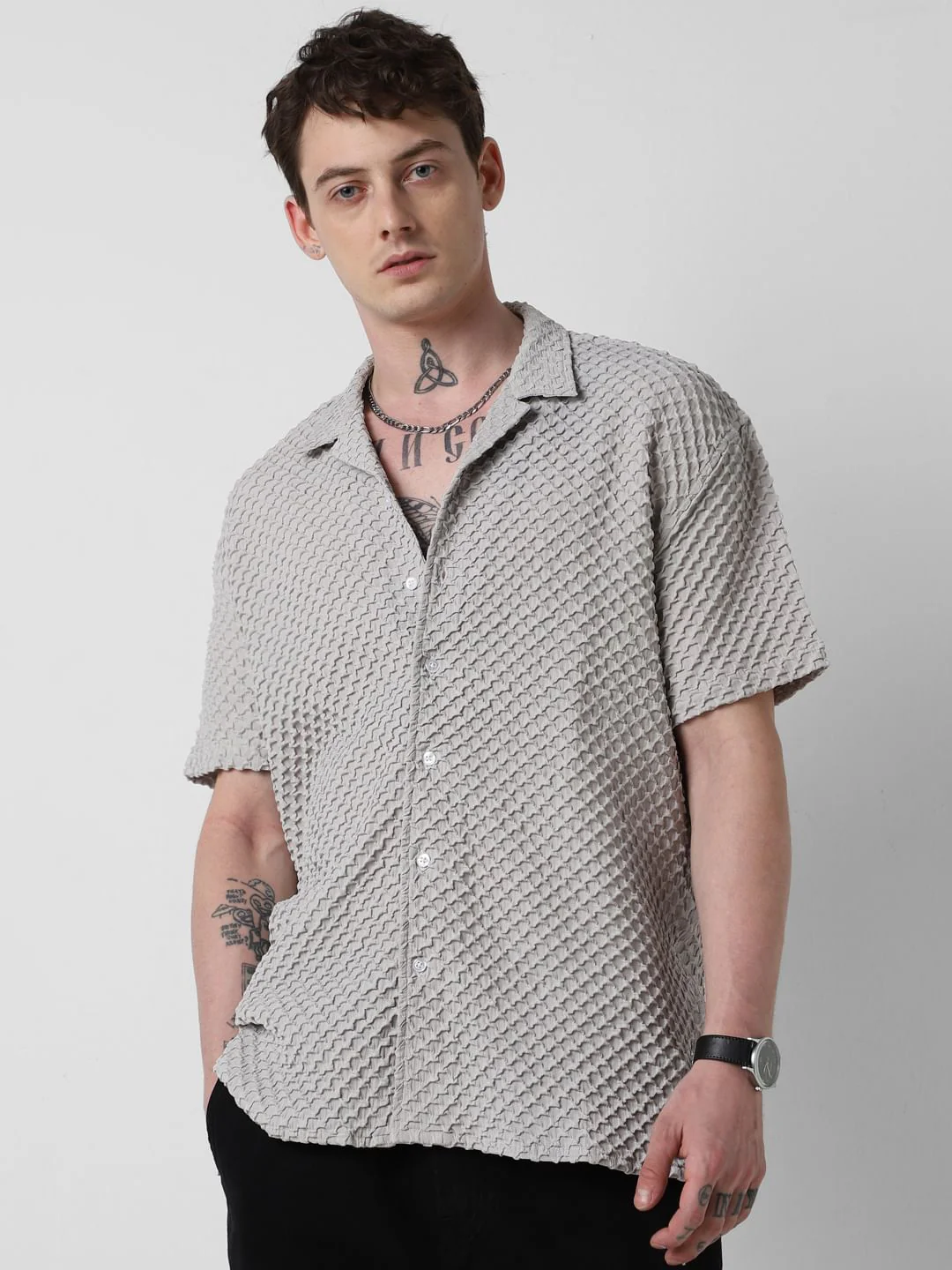 Cloud Grey Embossed Patterned Oversized Shirt - Image 4