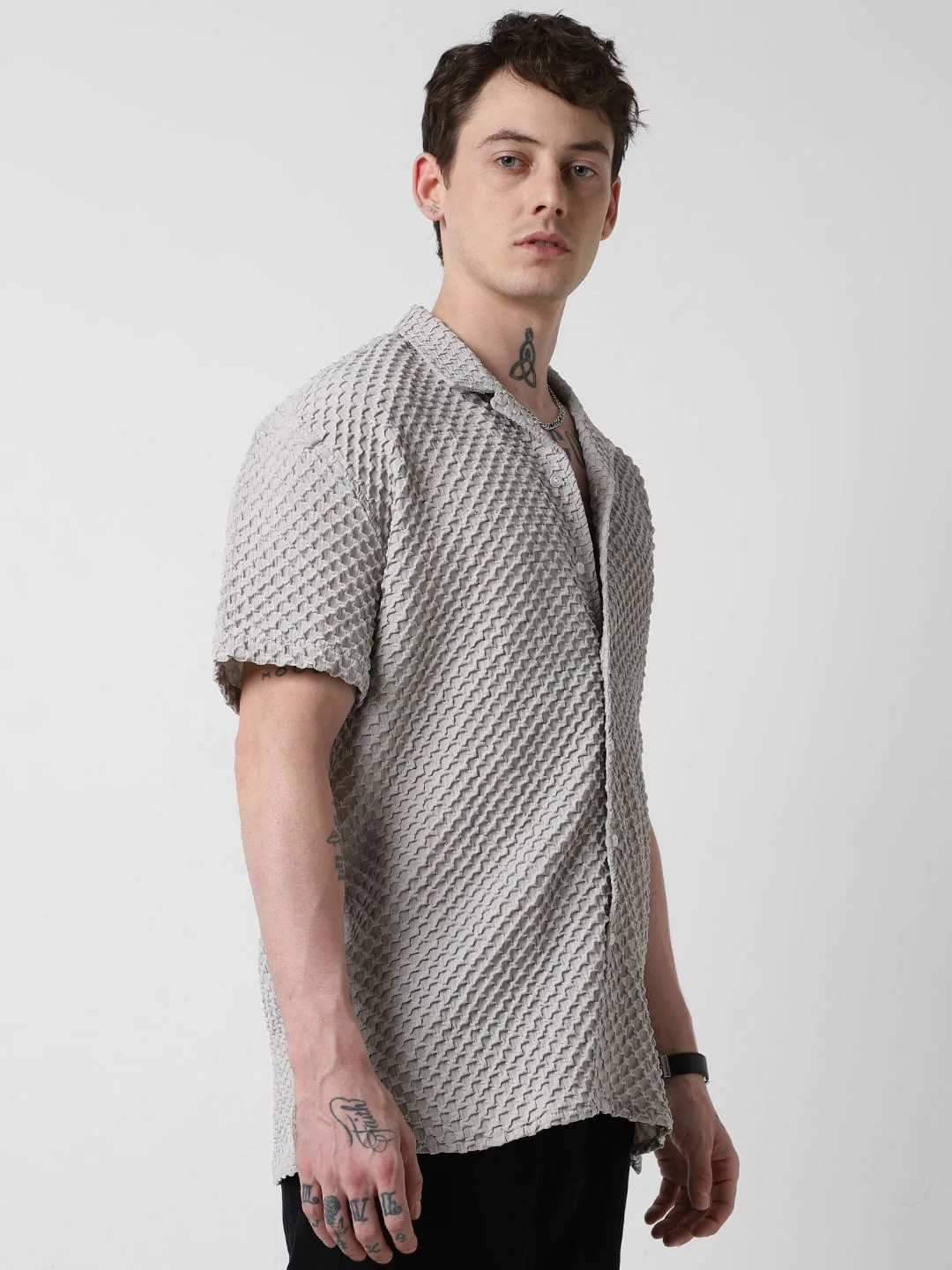 Cloud Grey Embossed Patterned Oversized Shirt - Image 5