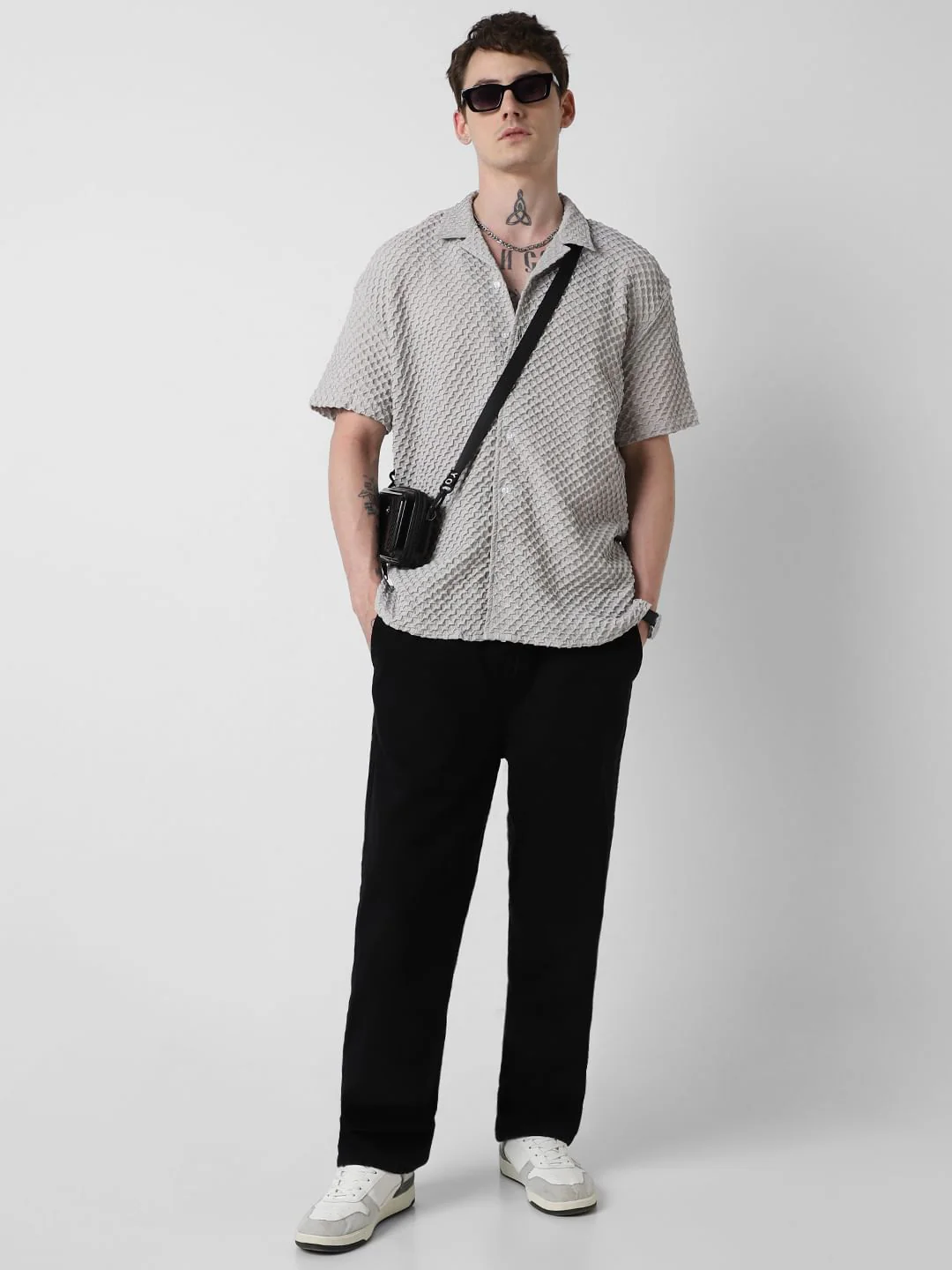 Cloud Grey Embossed Patterned Oversized Shirt - Image 7