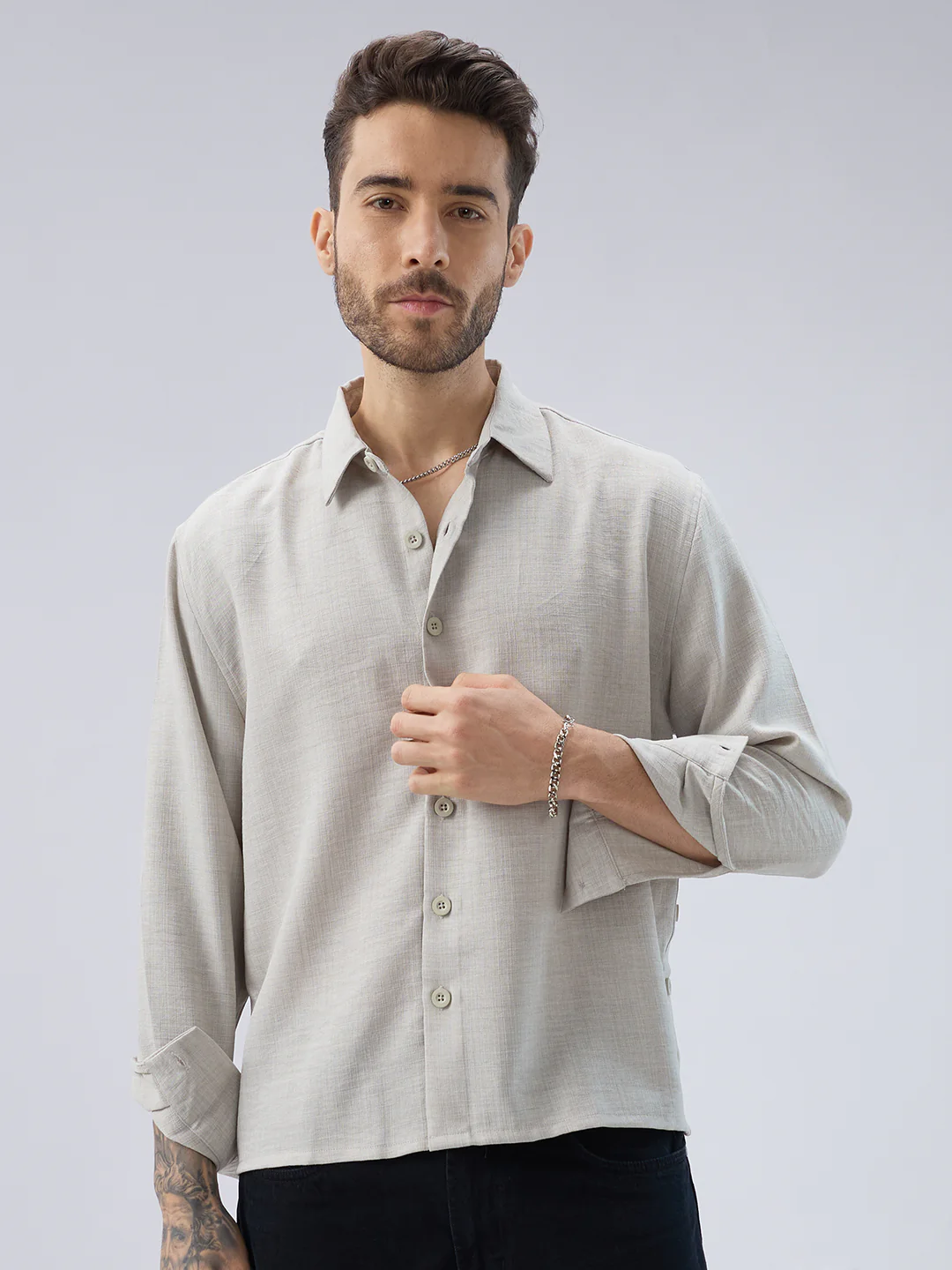 Cloud Grey Slub Textured Side-Slit Button Oversized Crop Shirt - Image 4