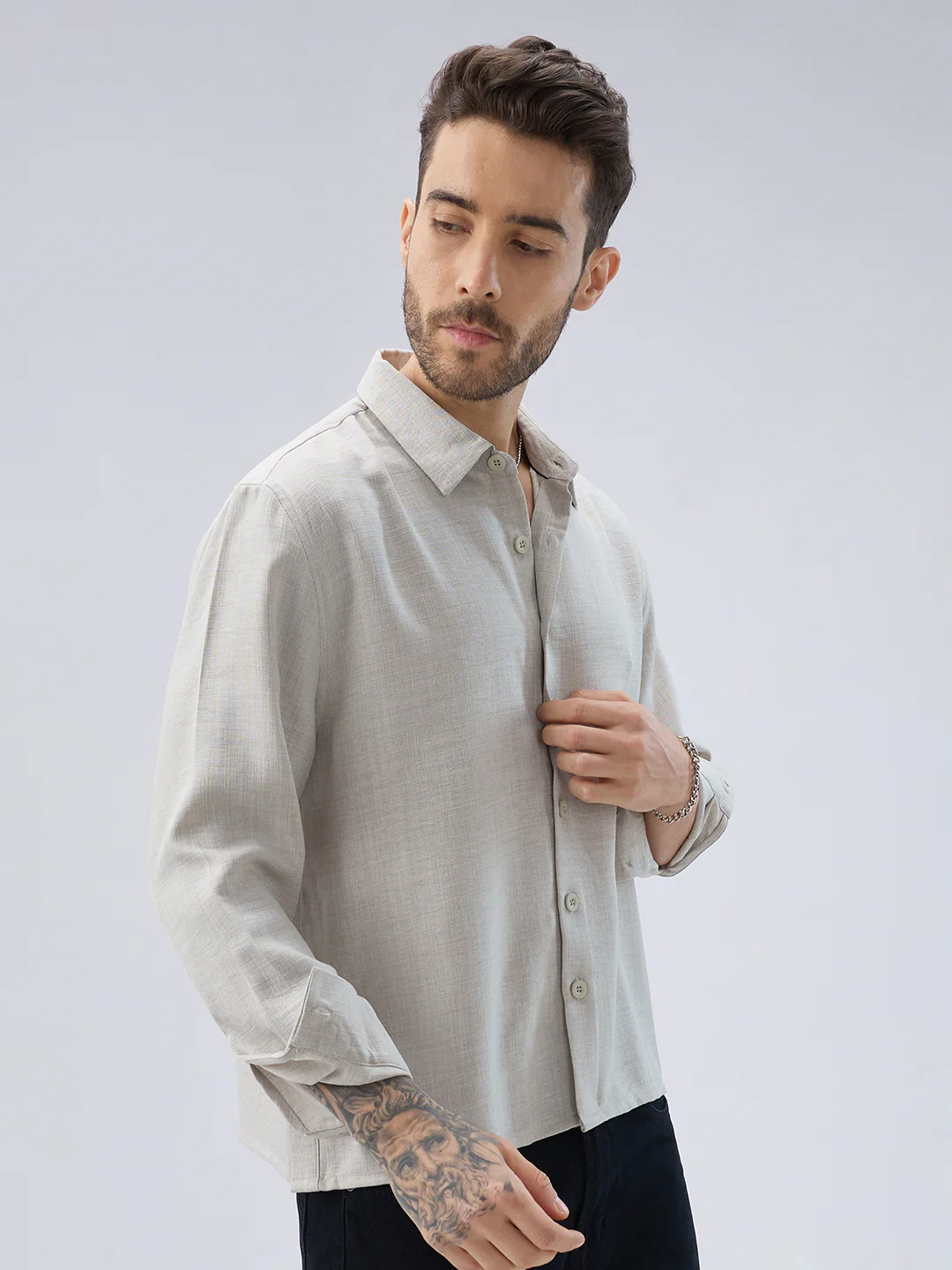 Cloud Grey Slub Textured Side-Slit Button Oversized Crop Shirt - Image 5