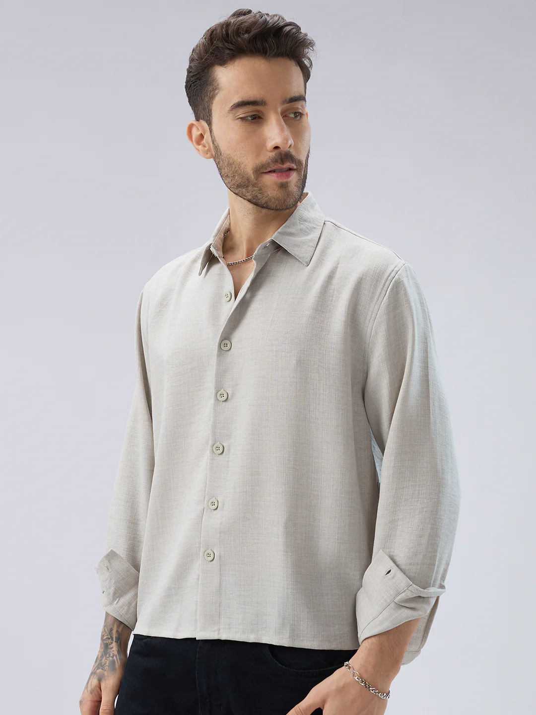 Cloud Grey Slub Textured Side-Slit Button Oversized Crop Shirt - Image 6