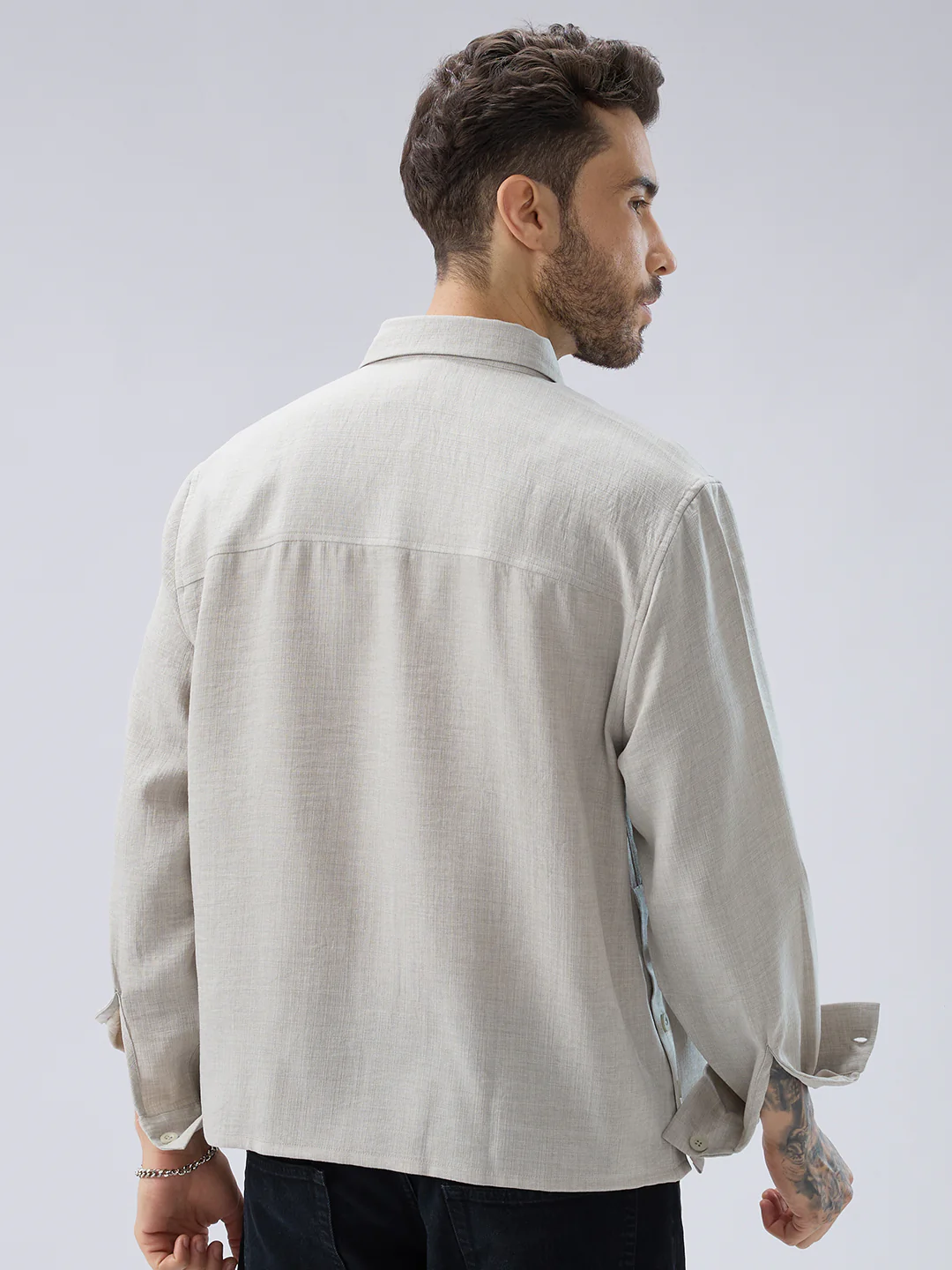 Cloud Grey Slub Textured Side-Slit Button Oversized Crop Shirt - Image 7
