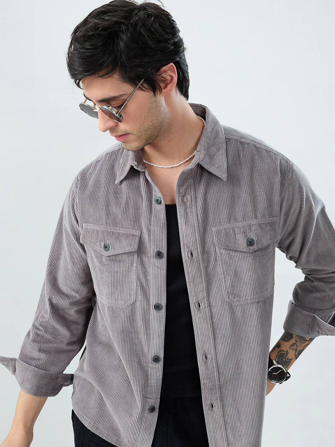 Cloud Grey Structured Corduroy Double Pocket Overshirt - Image 2