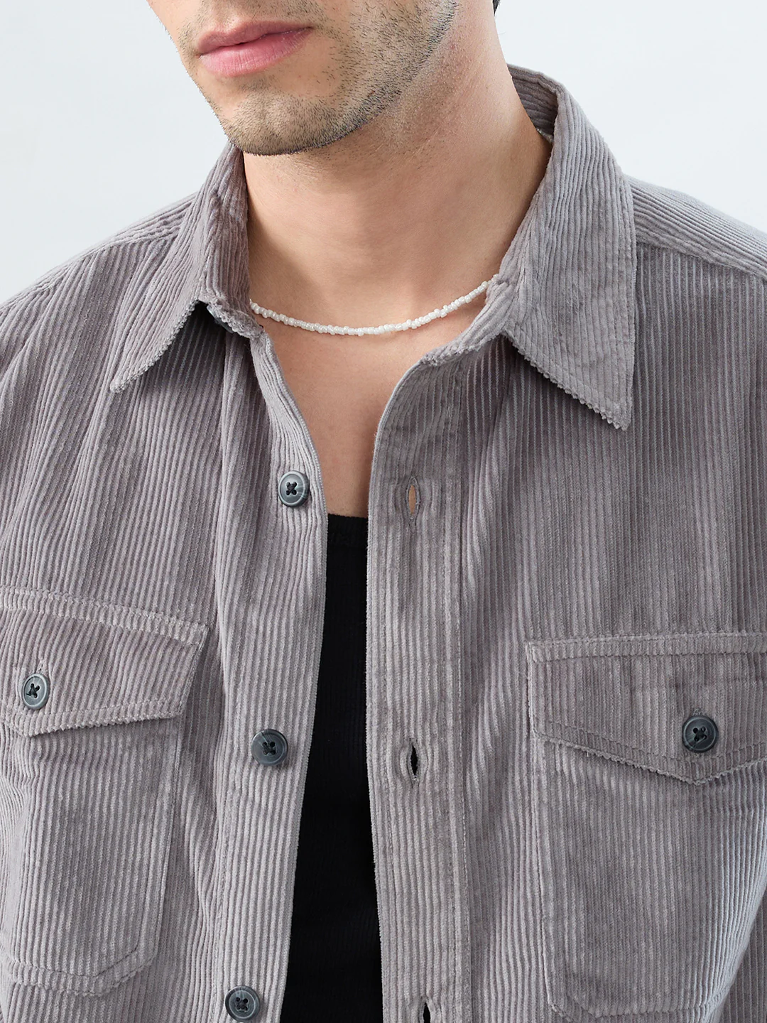 Cloud Grey Structured Corduroy Double Pocket Overshirt - Image 3