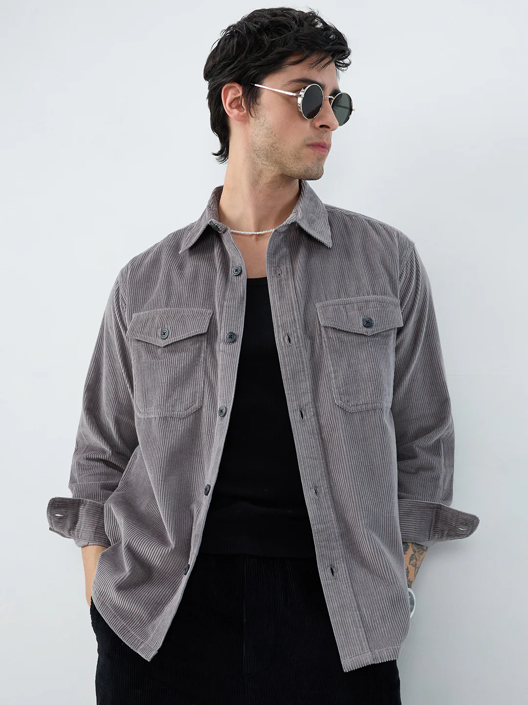 Cloud Grey Structured Corduroy Double Pocket Overshirt - Image 4