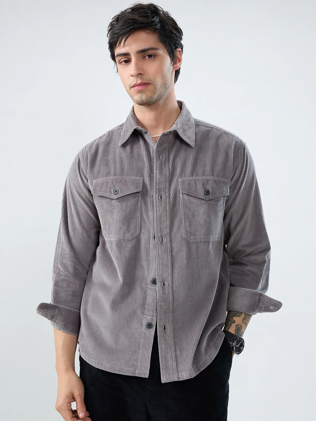 Cloud Grey Structured Corduroy Double Pocket Overshirt - Image 5