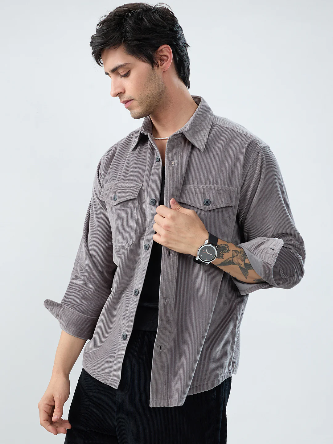 Cloud Grey Structured Corduroy Double Pocket Overshirt - Image 6