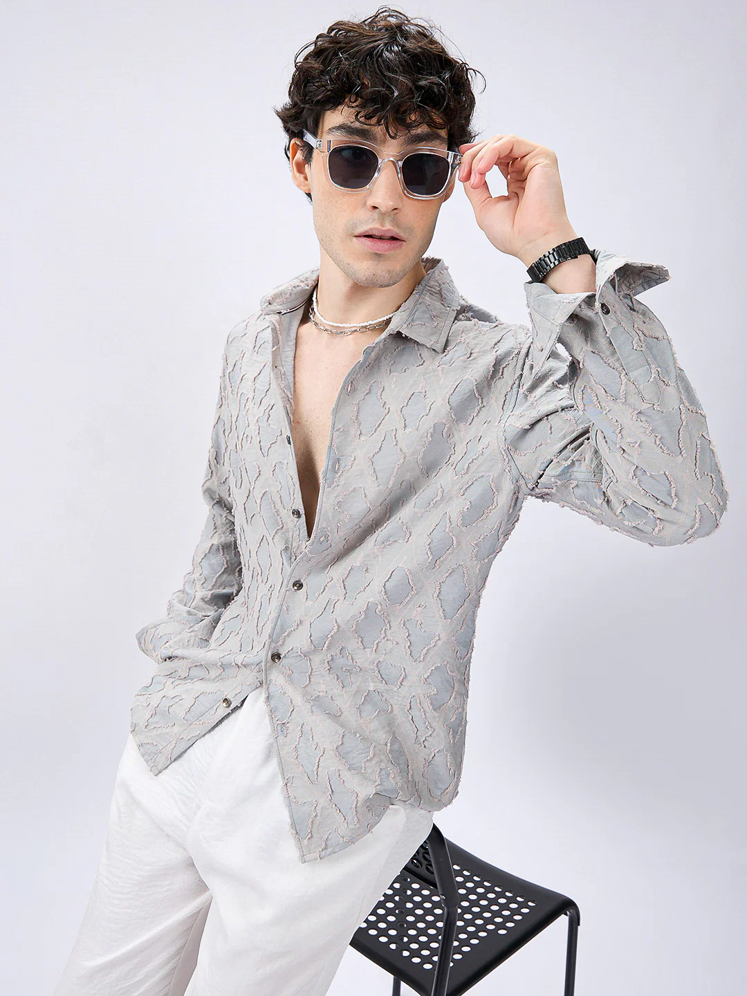 Cloud Mesh Diamond Embossed Frayed Shirt - Image 2