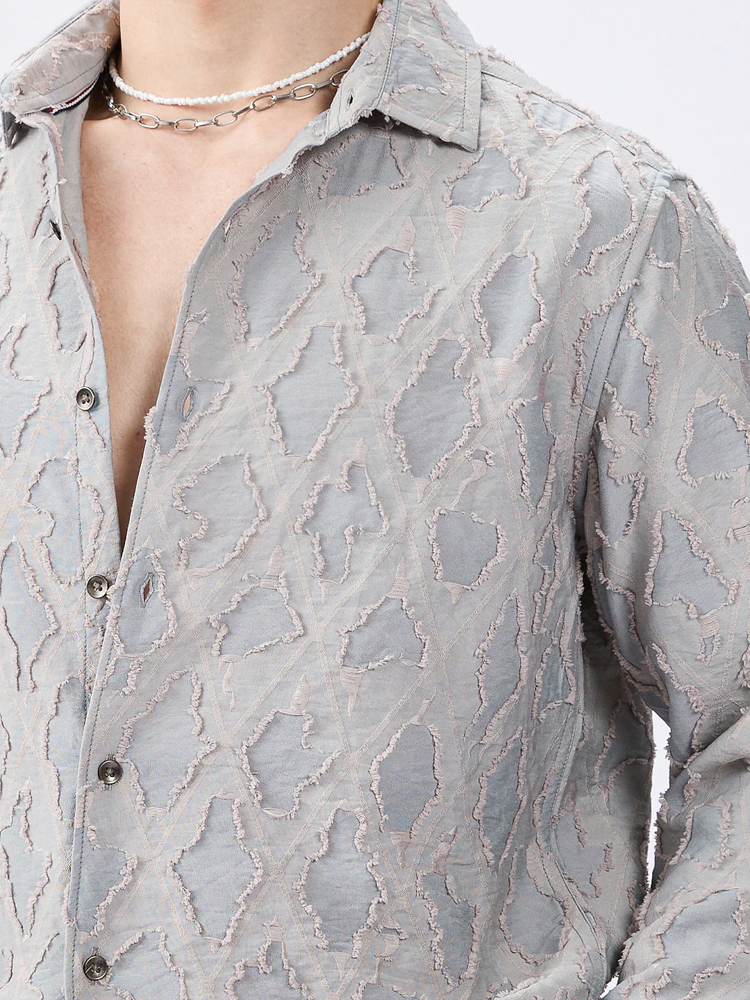 Cloud Mesh Diamond Embossed Frayed Shirt - Image 3