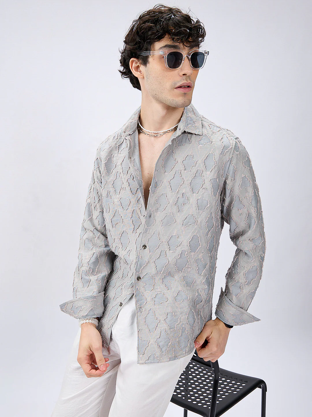 Cloud Mesh Diamond Embossed Frayed Shirt - Image 4