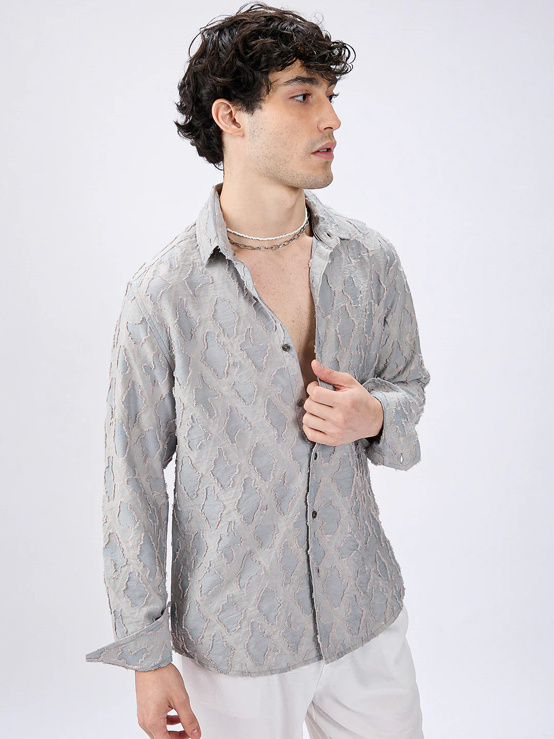 Cloud Mesh Diamond Embossed Frayed Shirt - Image 6