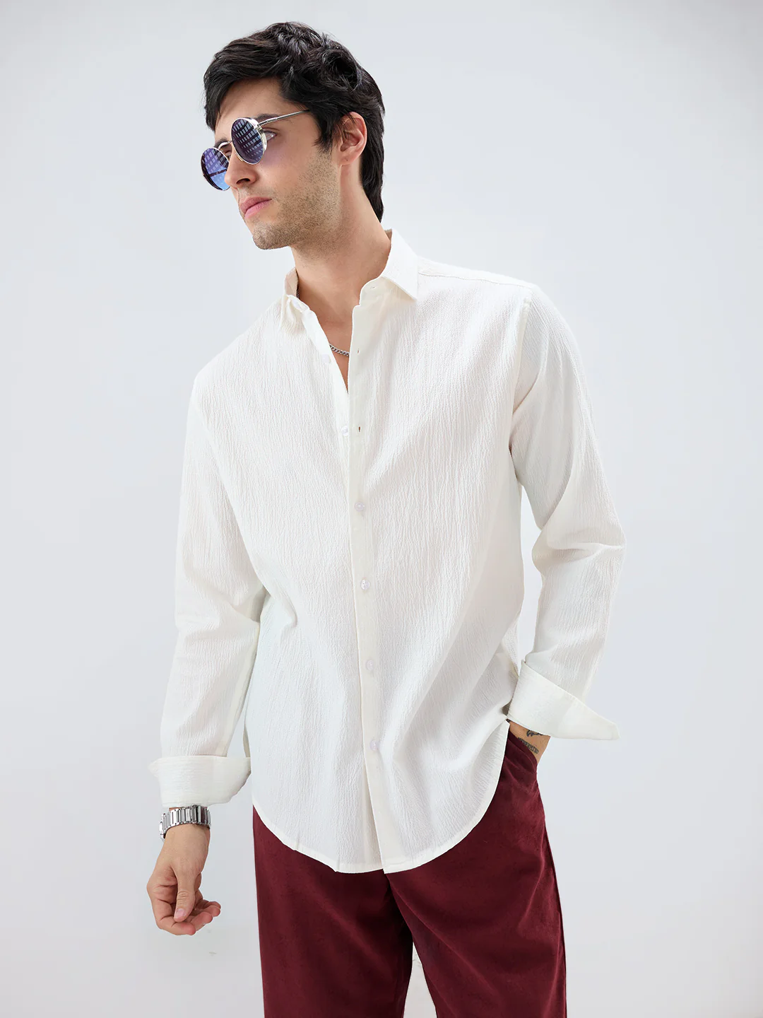 Cloud White Breezy Textured Shirt - Image 4